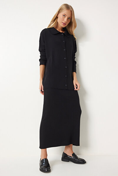 Happiness İstanbul Σετ γυναικεία πλεκτά ζακέτα και φούστα Polo Neck - Μαύρο PF00090