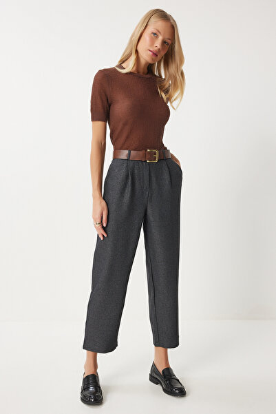 Happiness İstanbul Kadın Antrasit Pileli Yüksek Bel Dokuma Pantolon  FN03376