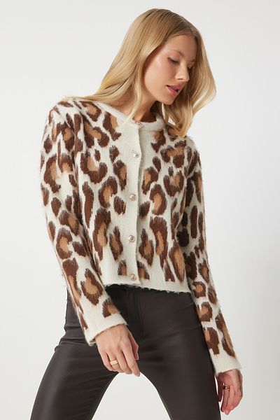 Happiness İstanbul Cremefarbener Damen-Cardigan mit Leopardenmuster – Short Beard KB00040