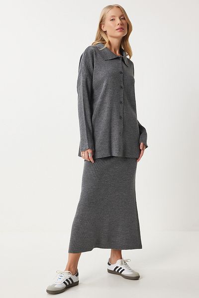 Happiness İstanbul Gray Polo Collar Knitwear Cardigan and Skirt Set - Pf00090
