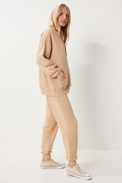 Happiness İstanbul Damen-Strick-Trainingsanzug-Set – Keks-Kapuzen-Sweatshirt und Jogger, Übergröße PYS0027