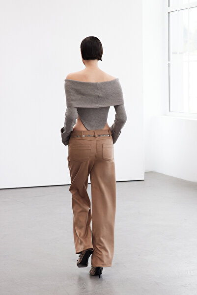 Trendyol Collection Limitált kiadás - Sötétbarna velúr széles szárú szőtt nadrág TWOAW25PL00053