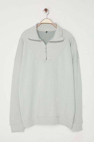 Trendyol Collection Gray Oversize Camisole Collar Zippered Large Size Sweatshirt - Tmnaw25Ao00048