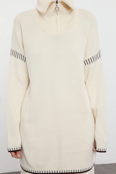 Edit by Trendyol Σετ πλεκτό πουλόβερ και παντελόνι με φερμουάρ και λεπτομέρεια ραφής από πέτρα - TEDAW25US00008