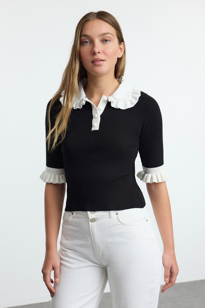 Trendyol Collection Pulover din tricot negru cu gât polo - TWOAW25KZ00204