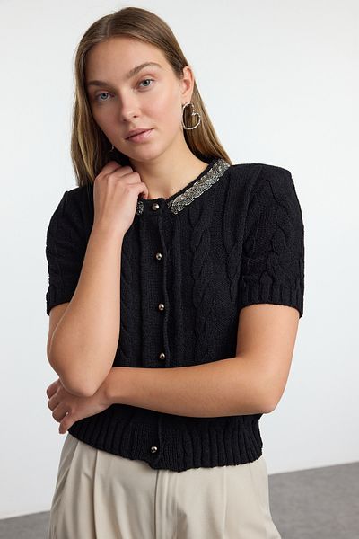 Trendyol Collection Black Crop Cotton Crew Neck Bead Detail Hair Braided Knitwear Cardigan Twoaw25Hi00342