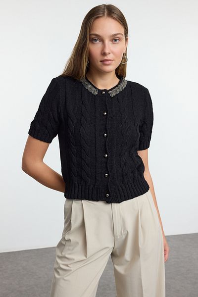 Trendyol Collection Black Crop Cotton Crew Neck Bead Detail Hair Braided Knitwear Cardigan Twoaw25Hi00342