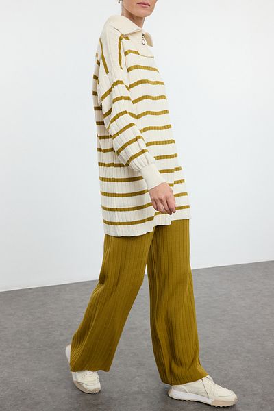 Edit by Trendyol Oil Green Striped Knitwear Sweater and Trousers Set - Tedaw25Us00007