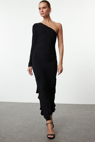 Trendyol Collection Μαύρο βολάν Λεπτομερής ασύμμετρος γιακάς πλεκτό κομψό μίντι βραδινό φόρεμα νυχτερινό φόρεμα αποφοίτησης TPRAW25EL00092