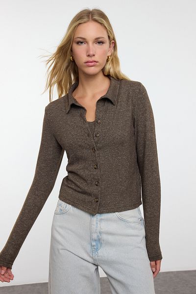 Trendyol Collection Shirt Collar Soft Knitted 2-piece Set - Brown, Button Detailed Tank Top and Cardigan Twoaw24hi00375