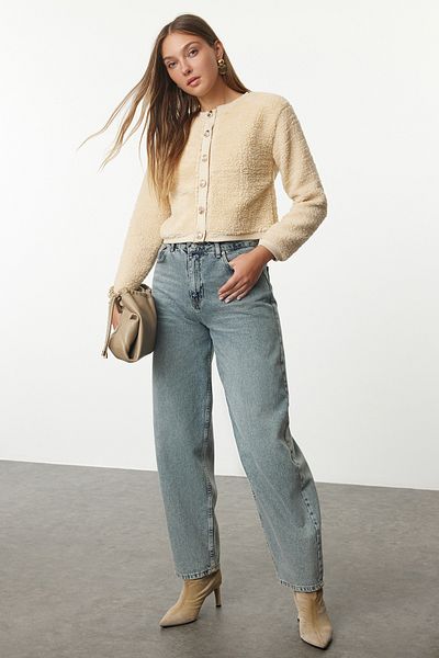 Trendyol Collection Plush Crop Cardigan - Stone Gold Buttoned, Knitted, Twoaw24hi00412
