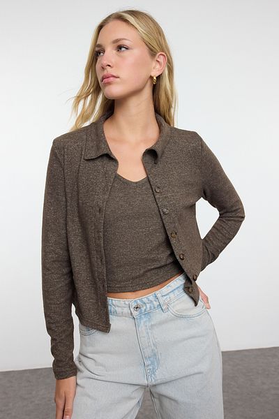 Trendyol Collection Shirt Collar Soft Knitted 2-piece Set - Brown, Button Detailed Tank Top and Cardigan Twoaw24hi00375