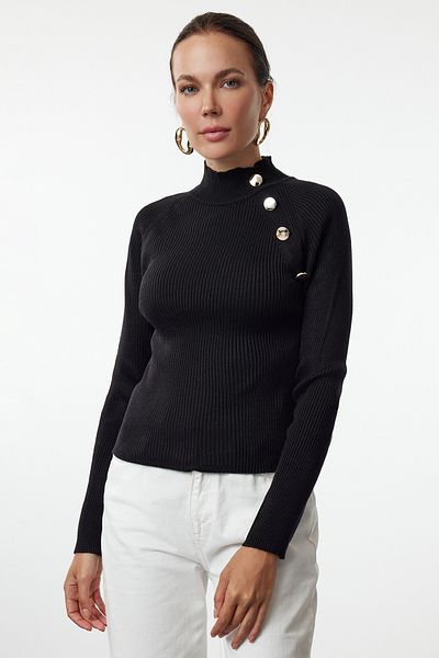 Trendyol Collection Pulover tricotat subțire cu detaliu cu nasturi negri TWOAW25KZ00069