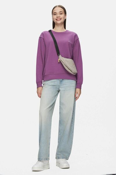 UCLA SUNNIVA Mor Bisiklet Yaka Nakışlı Loose Fit Kadın Sweatshirt