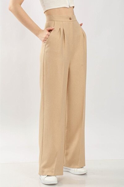 Fovere Kadın Bej Ekstra Yüksek Bel Yünefek Palazzo Pantolon