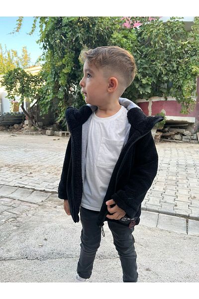 FREE ARSLAN COLLECTİON Plush Hooded Black Kids Baby Coat