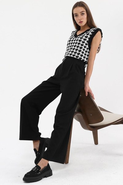 Fovere Women's Black Fabric Wide Leg Palazzo Trousers