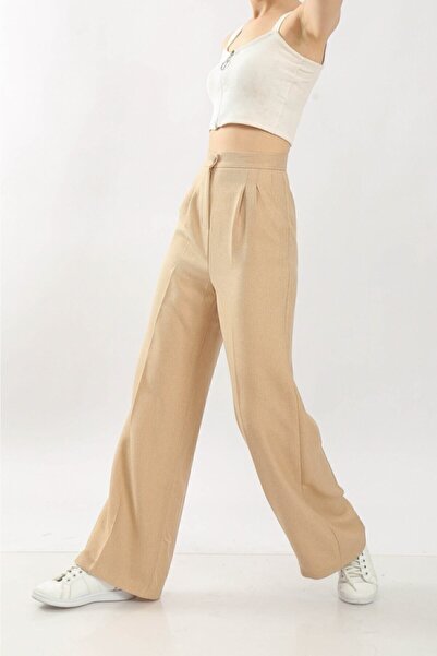 Fovere Γυναικείο παντελόνι σε μπεζ χρώμα με εξαιρετικά ψηλή μέση Yünefek Palazzo