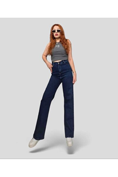 TRENDNATUREL Eloise Gold Ikon 90's Lacivert Likralı Süper Extra Yüksek Bel Palazzo Salaş Jean Pantolon
