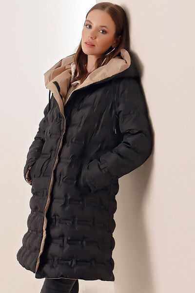 Ottawe Kapüşonlu Çift Yüz Kullanımlı Uzun Kollu Cepli Rahat Kalıp Diz Altı Midi Boy Şişme Mont