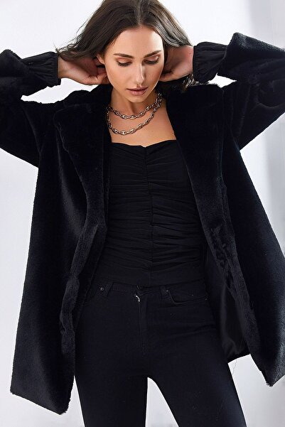 Ottawe Çentikli Geniş Ceket Yakalı Uzun Kollu Çift Cepli Astarlı Düğme Kapamalı Relaxed Pelüş Midi Boy Mont