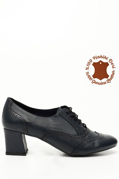 GÖNDERİ(R) Navy Blue Antique Gön Genuine Leather Round Toe Medium Thick Heeled Lace Up Women's Shoes 24216