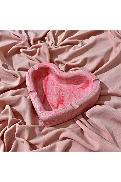 Handmade Mermer Desenli Dekoratif Pembe - Beyaz Kalp Küllük