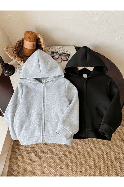 coolart 2'Li Basic Pamuklu Çocuk Fermuarlı Hırka - Gri Siyah Kız Erkek Çocuk Kışlık Kapüşonlu