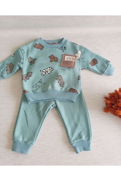 Babexi Mavi Ayıcık Figürlü Şardonlu üçiplik Kalın Kışlık Eşofman Takımı