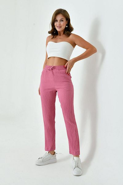 Butik Women's 100% Cotton Muslin Skinny Leg Trousers – Comfortable, Loose Model with Pockets and Elastic Waist