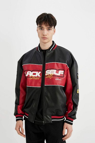 DeFacto Men's Black Water Repellent Oversize Fit College Collar Zippered Pocket Faux Leather Bomber Jacket