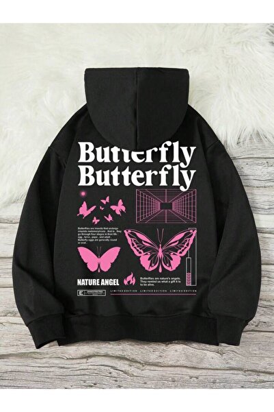 SeusCraft Детска суитшърт с памучен пеперуден мотив - черна с принт, джобове ...