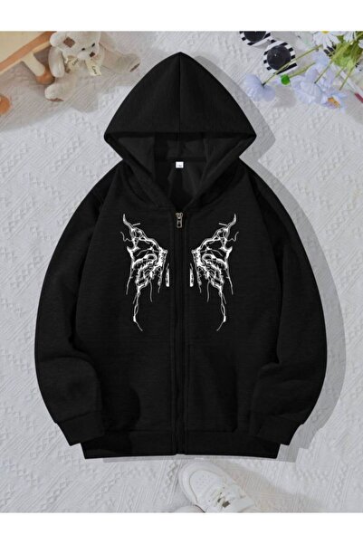 Genel Markalar Kelebek Tasarım Pamuklu Çocuk Fermuarlı Hırka - Siyah Baskılı ...