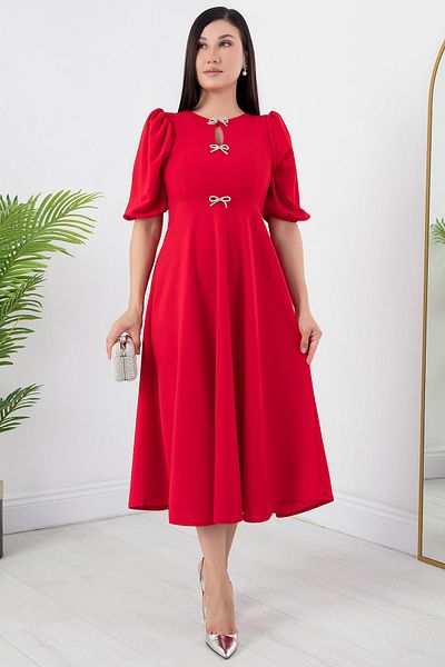 PULLIMM Rochie creponată cu mâneci cu balon cu pietre la piept - GRS3578