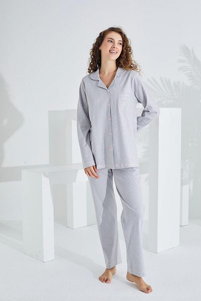 Etoile Set de pijamale pentru femei, cu mânecă lungă, cu nasturi în față, 100% bumbac