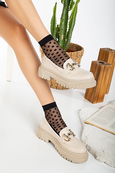 STORE41 Kadın Bej Deri Tokalı Kalın Taban Loafer Makosen Ayakkabı