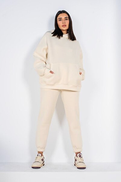 YAKAMEL Women's Unprinted Solid Color 3 Thread Kangaroo Pocket Hooded Oversiz...