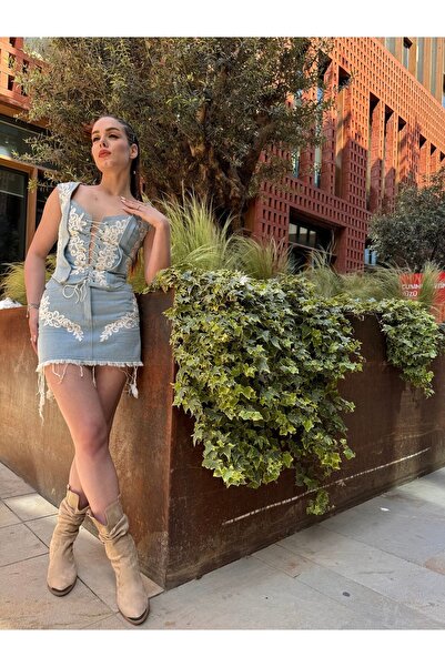 Rheme And Fons Özel Tasarım Couture El Işçiliği Dantelli Mini Denim Etek