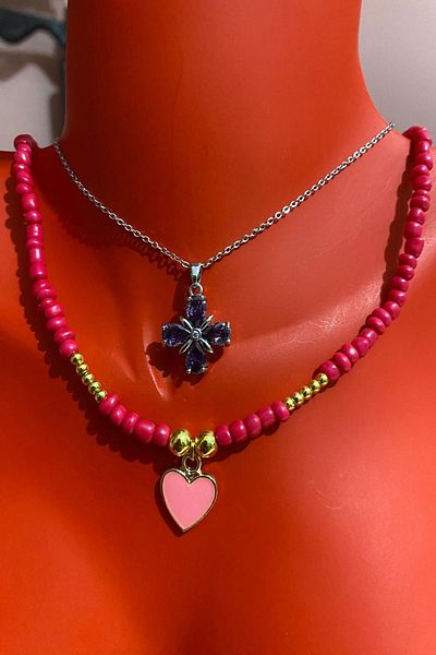 Bourgogne2021 Steel Women's Necklace Set - Floral Pattern, Flower Pattern, 2 Pieces Necklaces