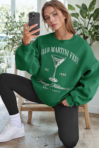 Millionaire Γυναικείο φούτερ Fleece Green Martini Printed - 0 Crew Neck, Oversize Loose Cut