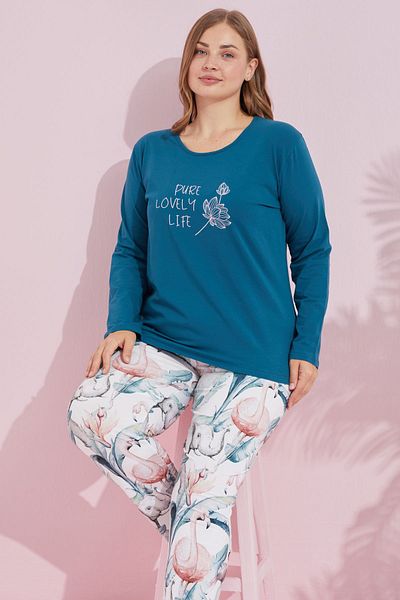 Siyah İnci πράσινο πολύχρωμο Cotton Curve Plus Size Πλεκτό Σετ Πυτζάμες Oversize 24240748