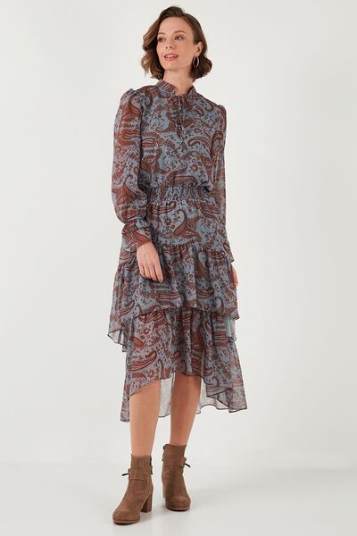 Lela Regular Fit Yaka Detaylı Volanlı Şifon Midi Elbise  ELBİSE 611EL1448