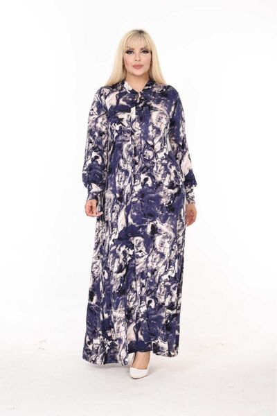 mami butik Plus Size Tie Collar Viscose Combed Cotton Dress - Loose Fit