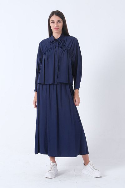 Feminist Navy Blue Skirt Comfortable Set - with Waist Tie Detail 422138