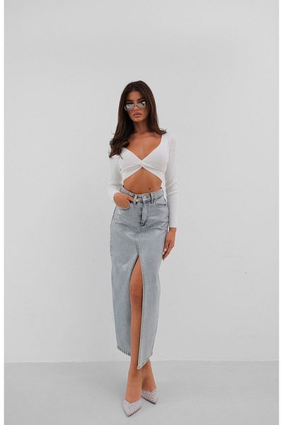 Black Fashion Fusta albastră din denim maxi - cu imprimeu din folie și fante