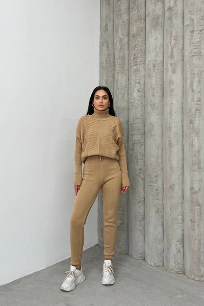Neşeli Butik Ribbed Turtleneck Women's Knitwear Set - Camel Nbdm1215