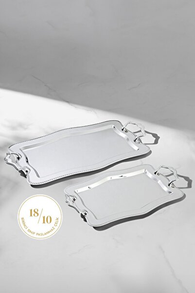 Nehir Zincir 2'li Sade Çelik Tepsi Seti