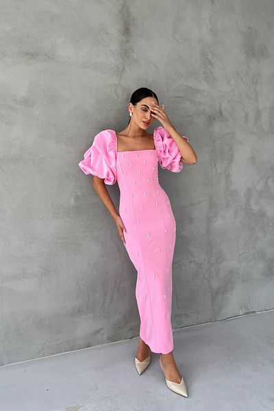 Seda Yalçın Atelier Pearl Detailed Pink Zippered Princess Sleeve Dress