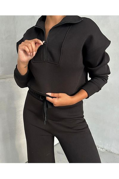 Machetta Plus Size Half Zipper Crop Sweatshirt and Sweatpants - 3 Thread Double Set