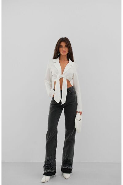 Black Fashion Geniş Paça Lazer Detay Gri Jean